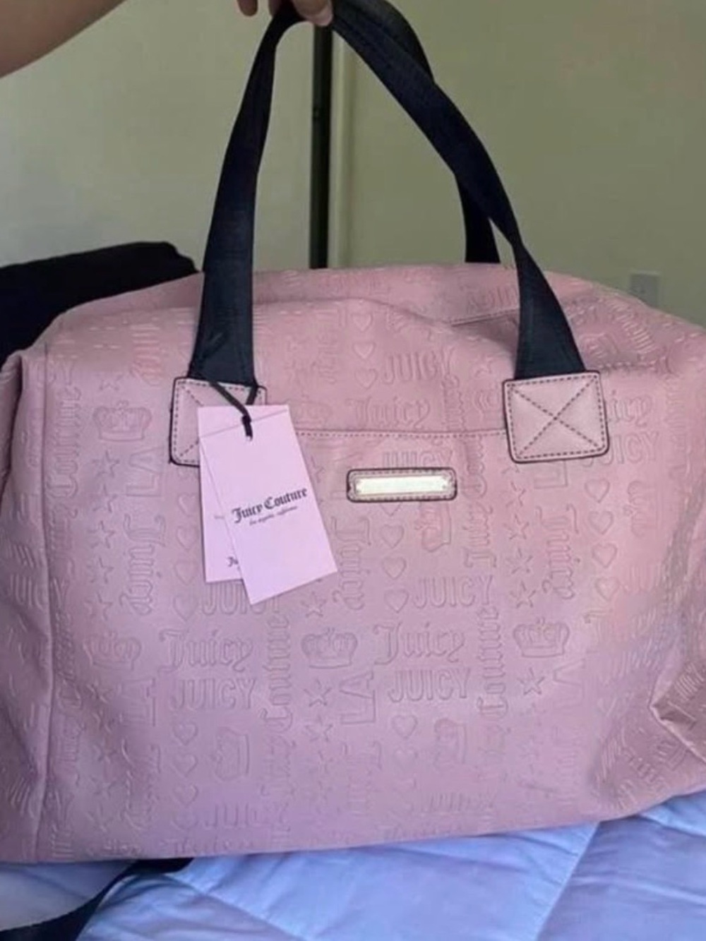 NEW Juicy Couture Light Pink Embossed Travel Tote with Black Handles
